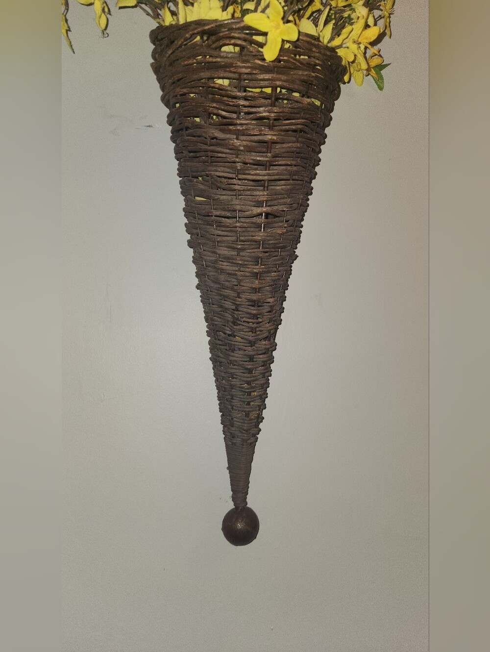 Handwoven Bohemian Cornicopia Brown Wicker Cone Wall Hanging W/ Metal Supp. 19"